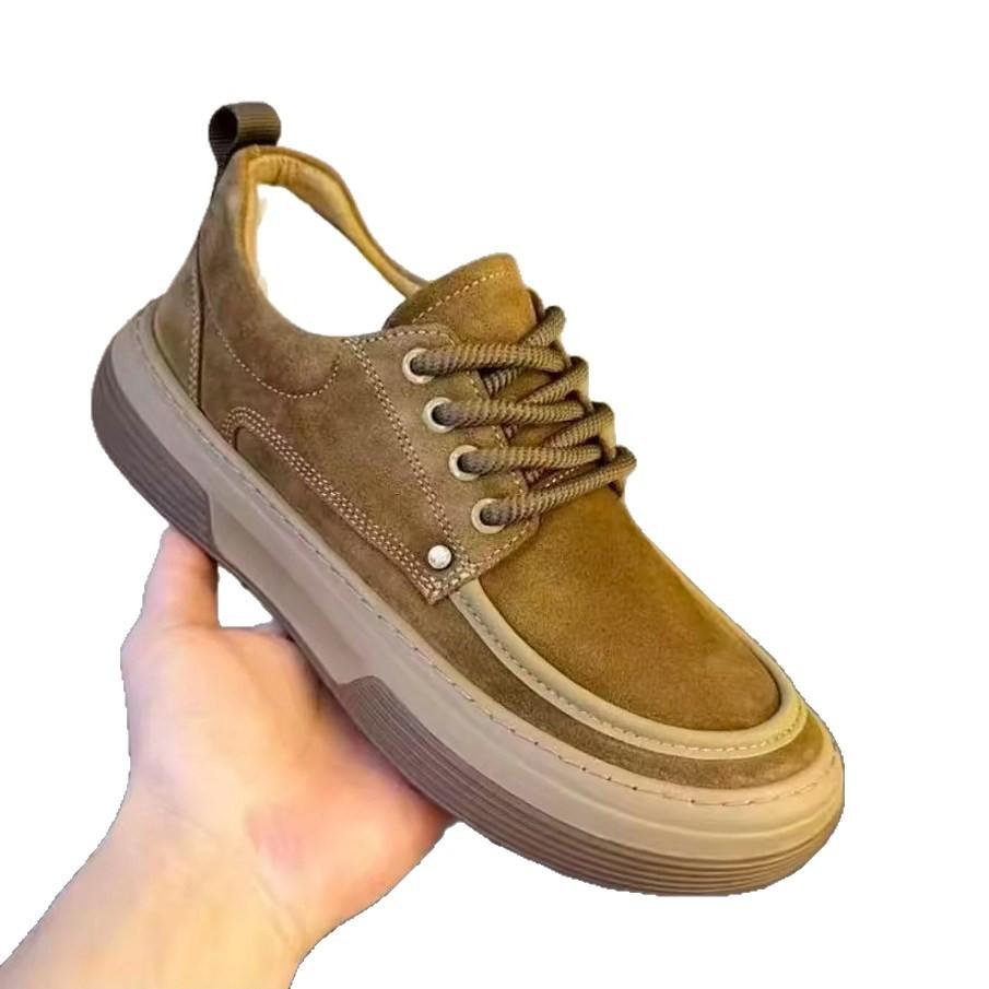 Men's Shoes Retro Frosted Leather Thick Soled Casual Brown Lace Up Trendy Fashionable Height Increasing Kangaroo Loafers