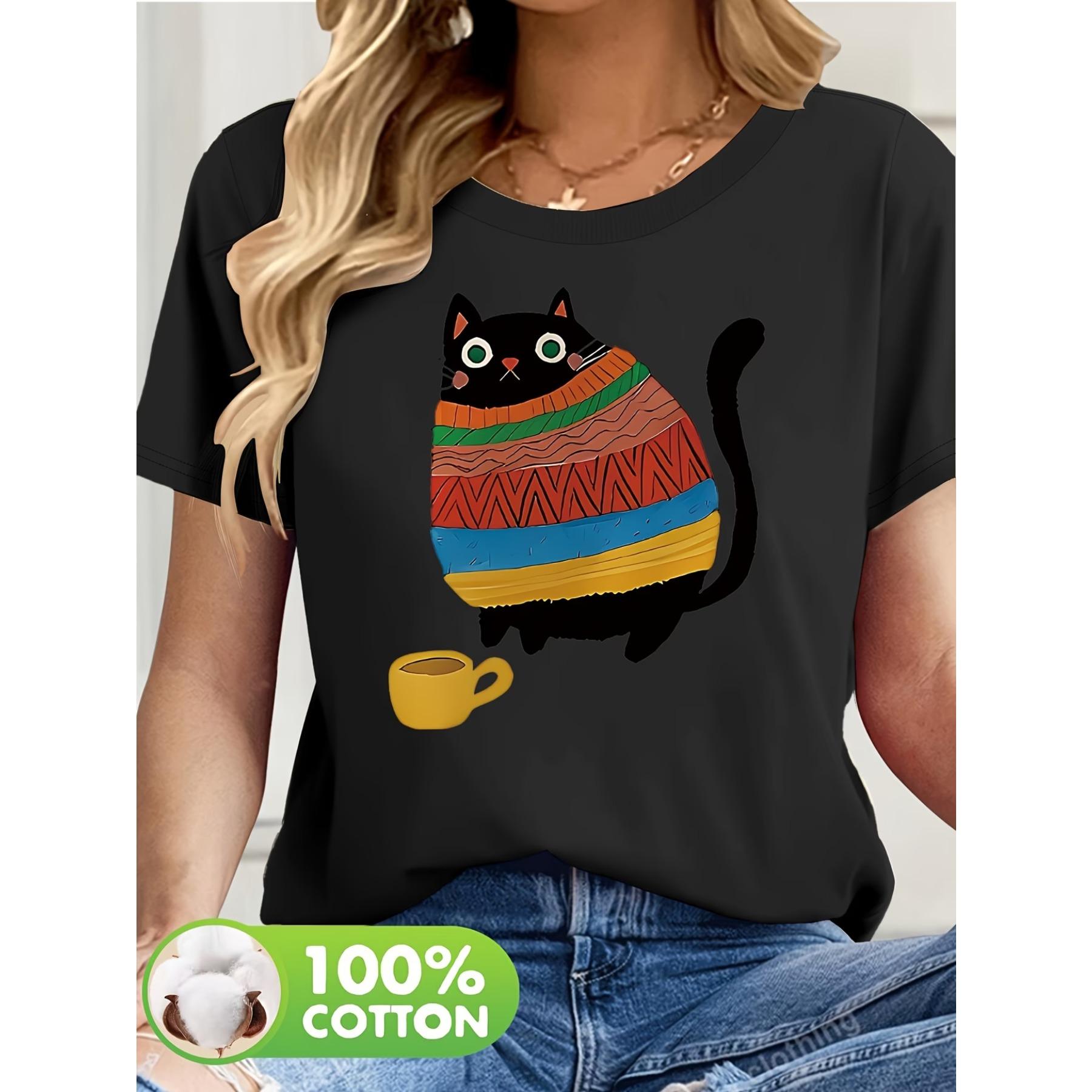 

Женская повседневная футболка с коротким рукавом, с игривым принтом кота и кофейной чашки, полосатый арт-дизайн, машинная стирка, топ для весны и лета S чёрный