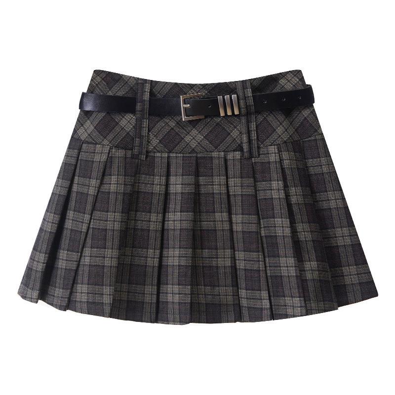 Women's American Retro Plaid High Waist Pleated Skirt - Early Autumn College Style, Anti-Exposure