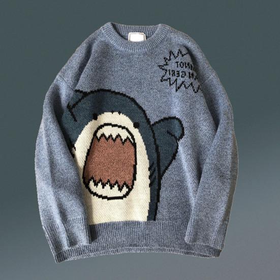 Men Sweater Cartoon Shark Print Round Neck All Match Student Sweater for Daily Wear