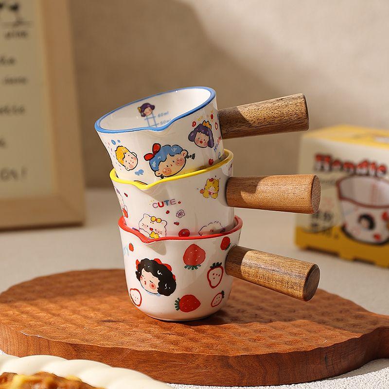 New Ceramic Milk Measuring Cup, Coffee Small Milk Cups, Mini Wooden Handle Bowl with Scale, Italian Espresso Cup 3.38oz/100ml