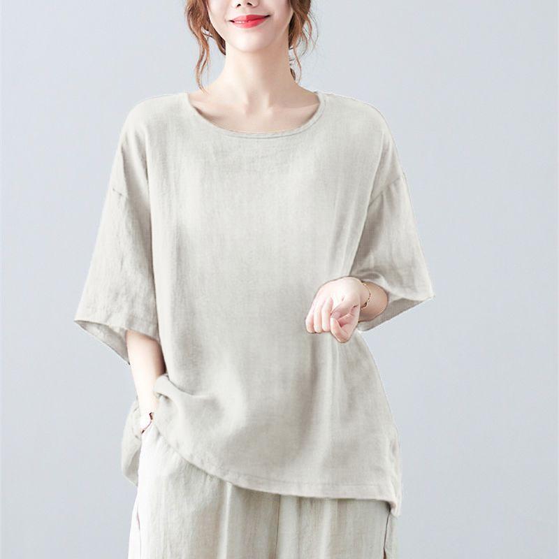 Casual Artistic Cotton Linen Women's T-Shirt Short Sleeves Vintage Top for Summer Plus Size Loose Fit Mother Clothing