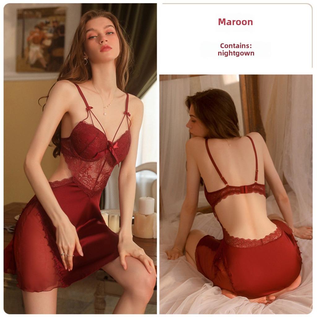 Large Size Ice Silk Plus Chest Pad Steel Ring Gathering Suspender Nightdress Robe Home Set