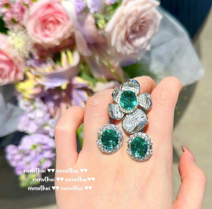 Macaron Watermelon Stone Emerald Ring, Plated 18K Gold, Emerald, Immortal Flower, Large Carat Zircon Ring