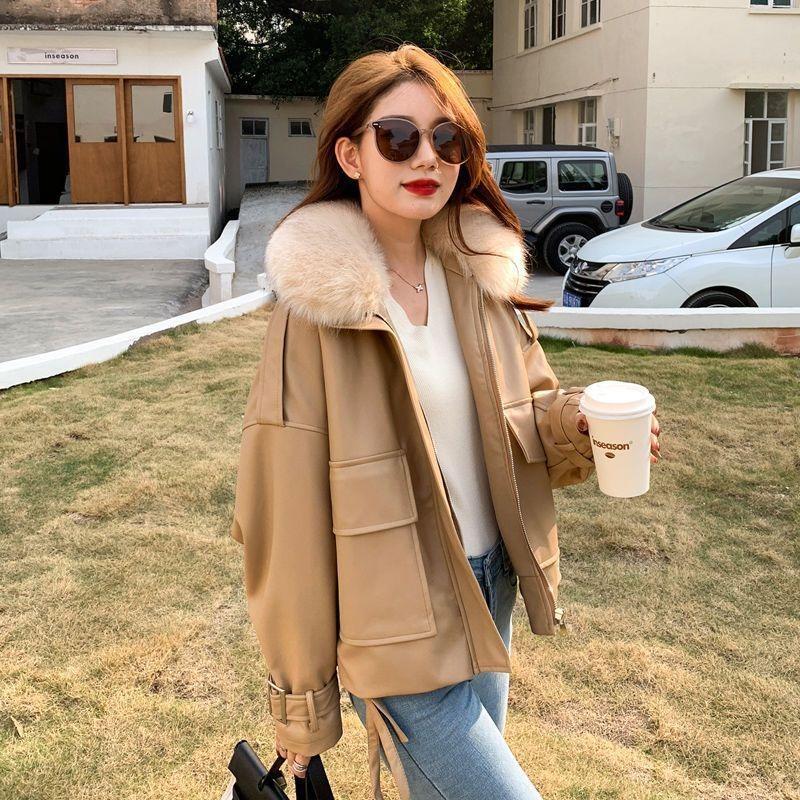 Autumn and winter new leather jacket women's fleece thickened short loose removable imitation unloading fox fur collar pie to overcome