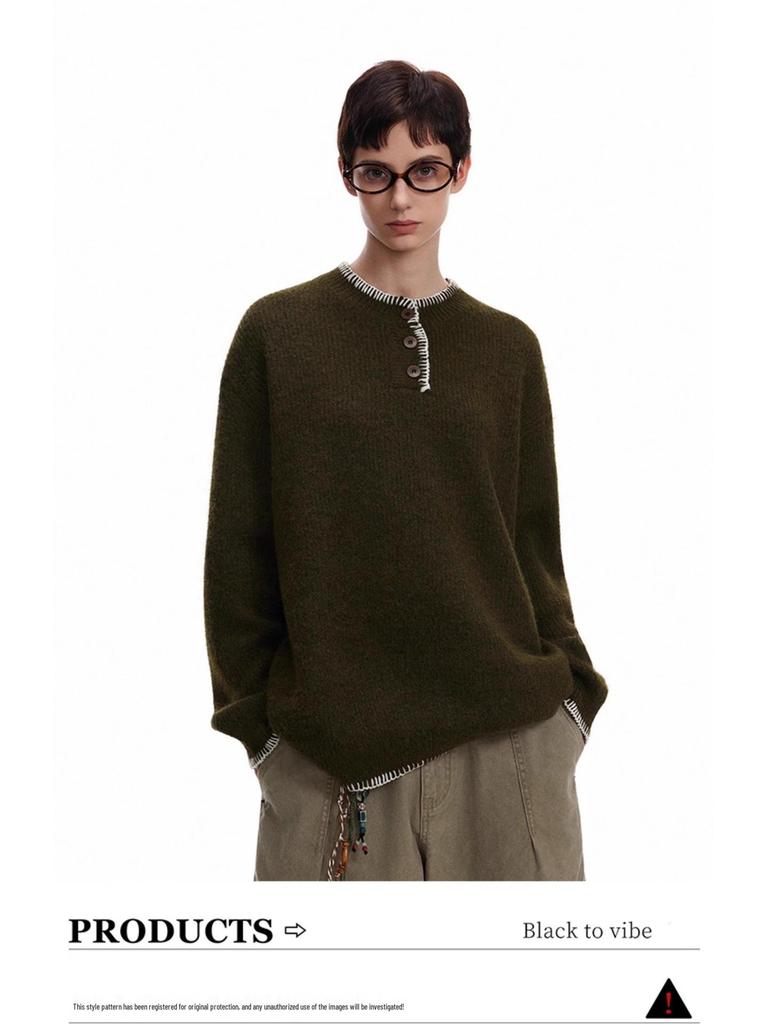 Unisex Retro Henley Neck Knit Sweater - Casual Autumn Pullover