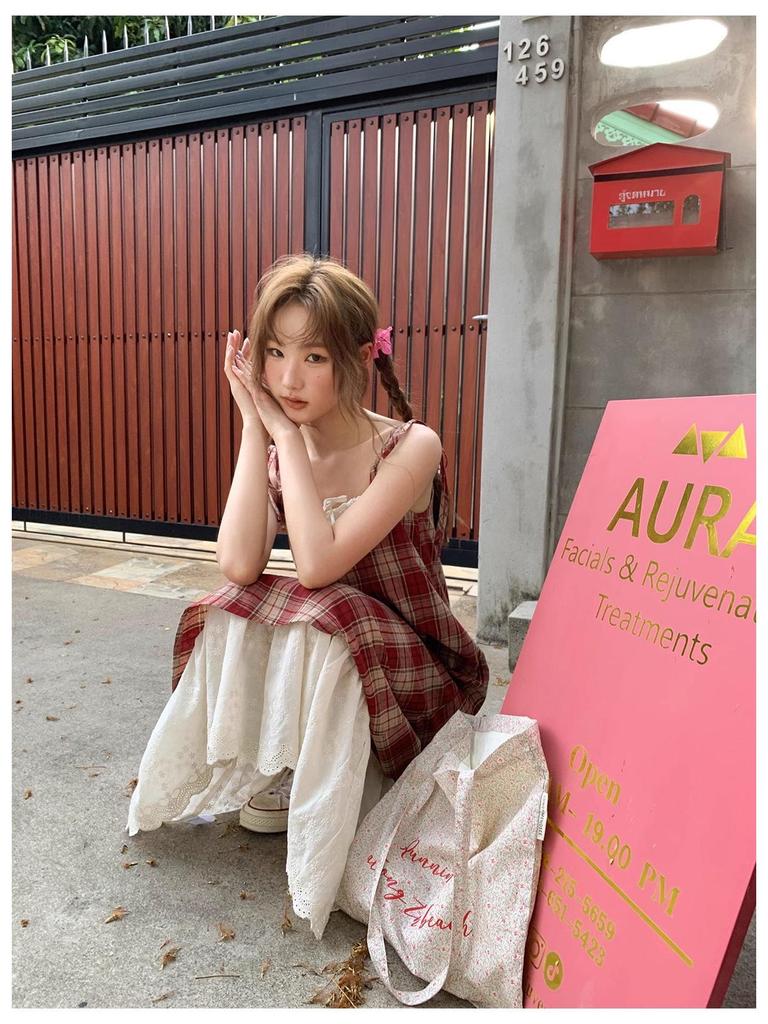 Red Plaid Lace Spaghetti Strap Dress - Women's Summer Beach Holiday Style