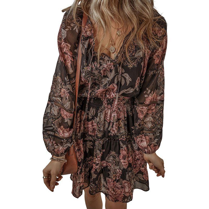 

Мода Мода Утягивающая талию Похудение Юбка до колена для женщин 2025 Ранняя осень Новое поступление Ретро Цветочный принт V-образный вырез Платье Black Size S fit (45.00 kg-55.00 kg