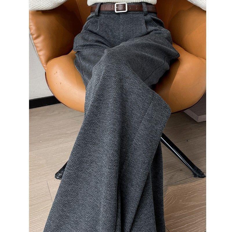 2025 Autumn/Winter High-Waisted Herringbone Wool Blend Wide-Leg Pants
