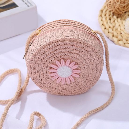 Children Shoulder Bag Straw Woven Flower Decor Pastoral Style Crossbody Bag Zipper