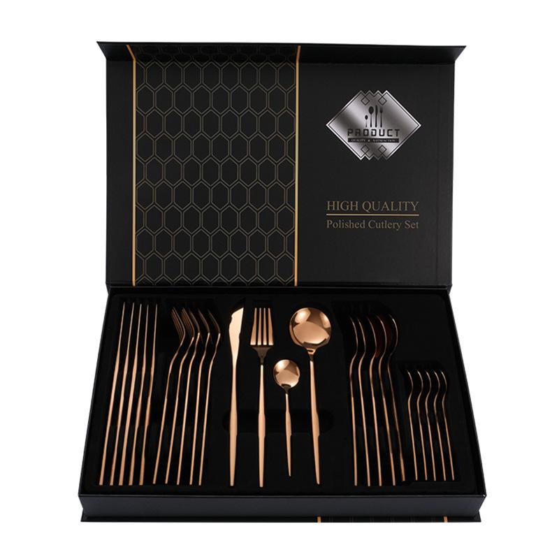 24pcs Gold Dinnerware Set Stainless Steel Steak Knife Fork Coffee Spoon Teaspoon Flatware Dishwasher Safe Kitchen Tablewar
