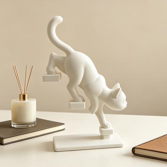 3D Printed Cat Stair Sculpture Dynamic Climbing Kitten Statue with Mini Platform, Modern Desk Decor for Office & Home