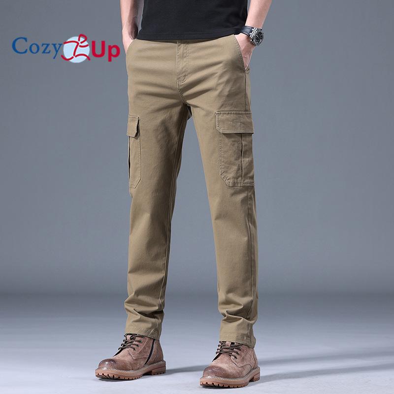 Cozy Up Men's Slim Fitting and Luxurious Small Straight Leg Workwear Pants, Fashionable and Versatile Elastic Casual Khaki Color Multi Pocket Pants