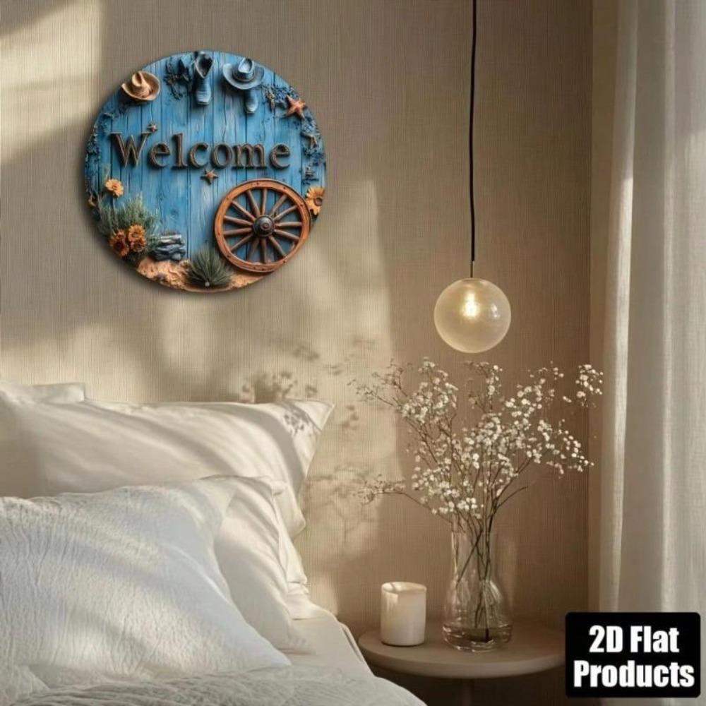 One Piece Denim Rustic Round Aluminum Metal Wall Plaque Bar Decor