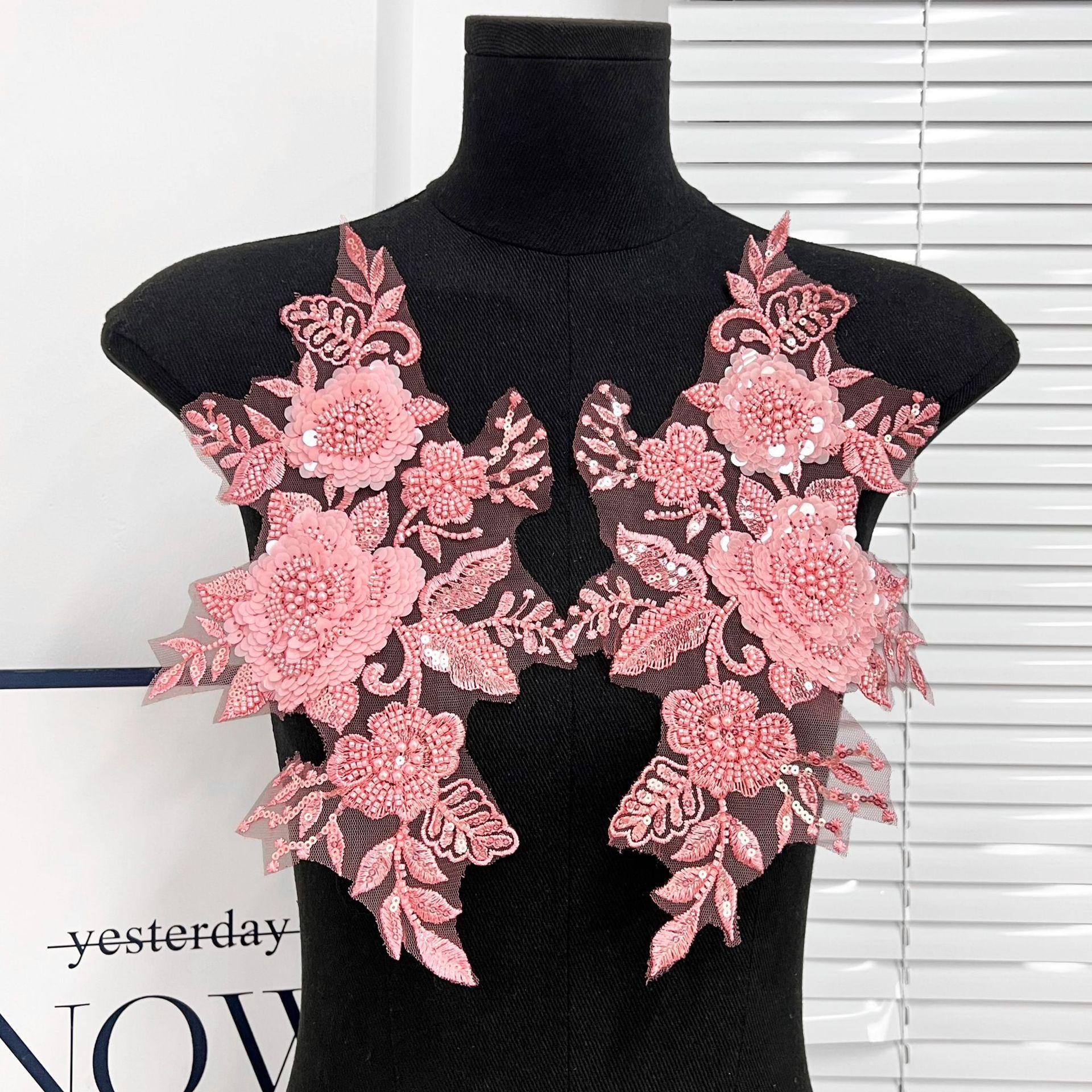 

White Embroidered Lace Cloth Sticker Clothes Dress Front Collar Diy Decorative Accessories Patch Decal HF19 pink pair