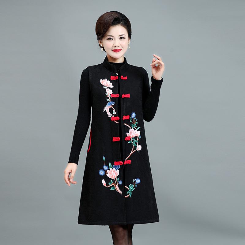 Women's Ethnic Embroidered Fleece Vest - Mid-length, Sleeveless Tang Suit for Spring & Autumn