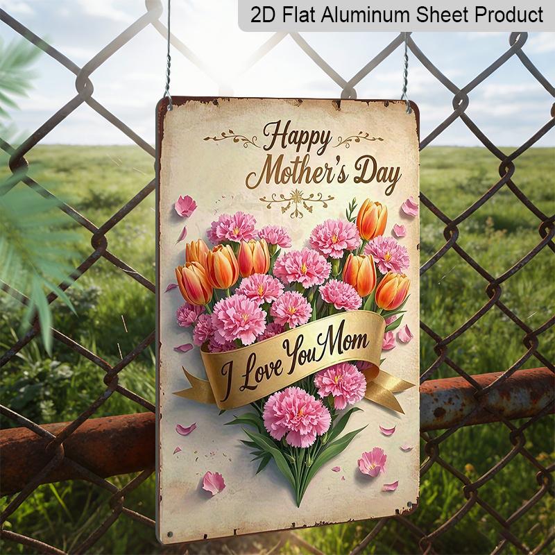 2D Flat, Vintage Mother'S Day Wall Art - "Happy Mother'S Day" Floral Design with Tulips & Carnation, Golden Ribbon "I Love You Mom" - Charming 8x12