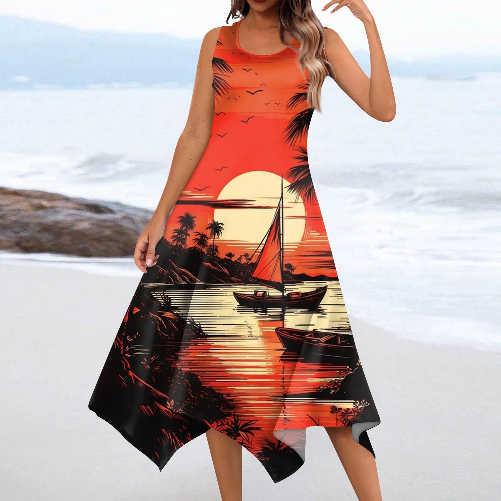 

Женское повседневное модное платье миди без рукавов с круглым вырезом и цветочным принтом, нерегулярный подол XL небесно-голубой