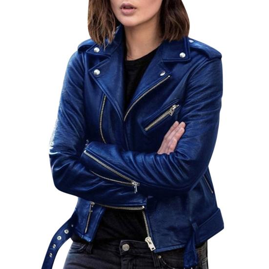 Women Jacket Solid Color Turndown Collar Autumn Winter Long Sleeve Zipper Coat with Belt for Riding