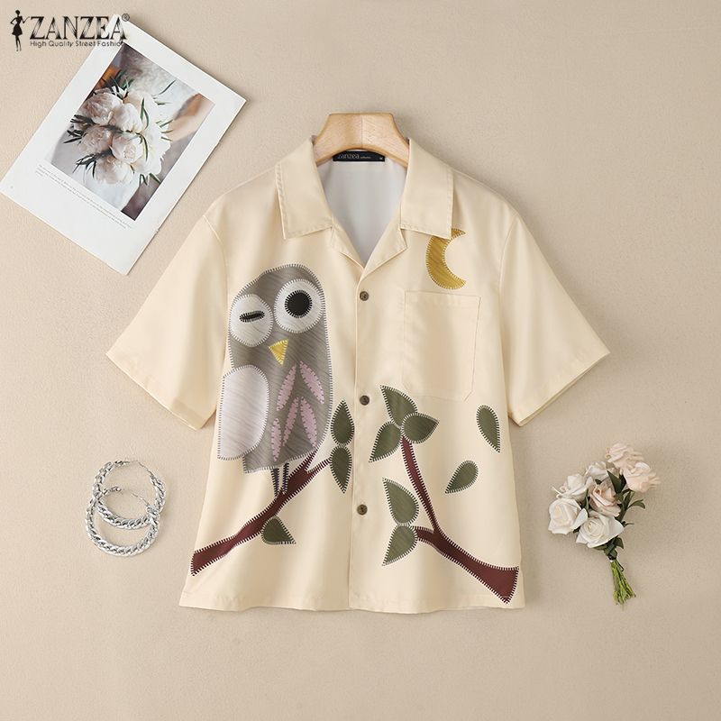 ZANZEA Women Casual Turn Down Collar Loose Short Sleeve Print Blouse