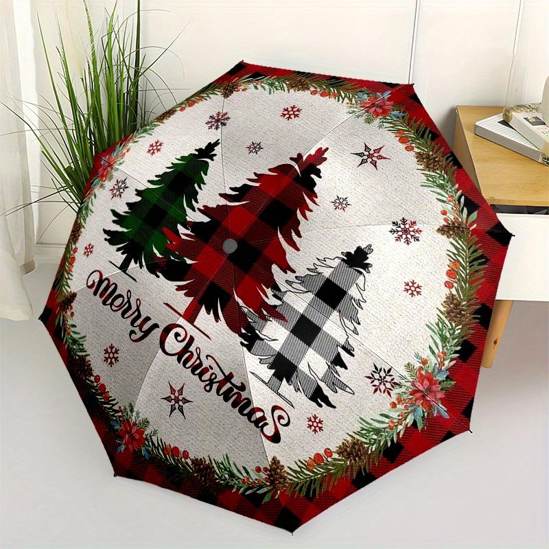 

Festive Christmas Tree Plaid Round Umbrella with Tartan Pattern & Snowflake Design - Automatic Open/Close, 8-Rib Compact 3-Fol