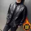Mens Fleece Lined PU Leather Jacket Slim Fit Baseball Collar Motorcycle Biker Coat