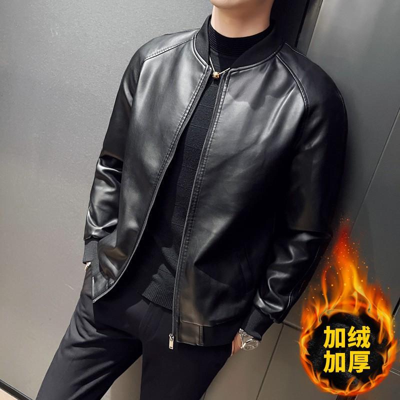 Mens Fleece Lined PU Leather Jacket Slim Fit Baseball Collar Motorcycle Biker Coat