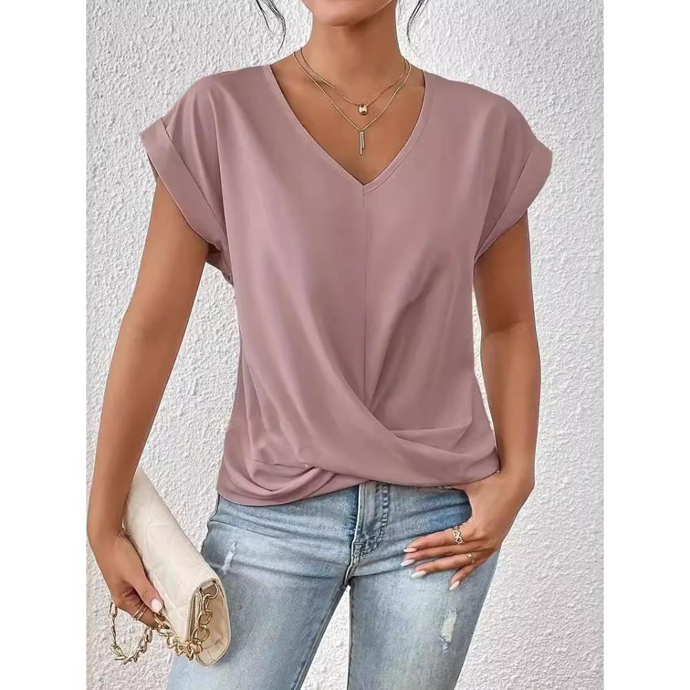 Nieuw Sexy V-hals Korte Mouw Shirt Blouse Tops Kantoor Dame Lente Zomer Casual Los Effen Wit T-shirt voor Dames Dames T-shirts