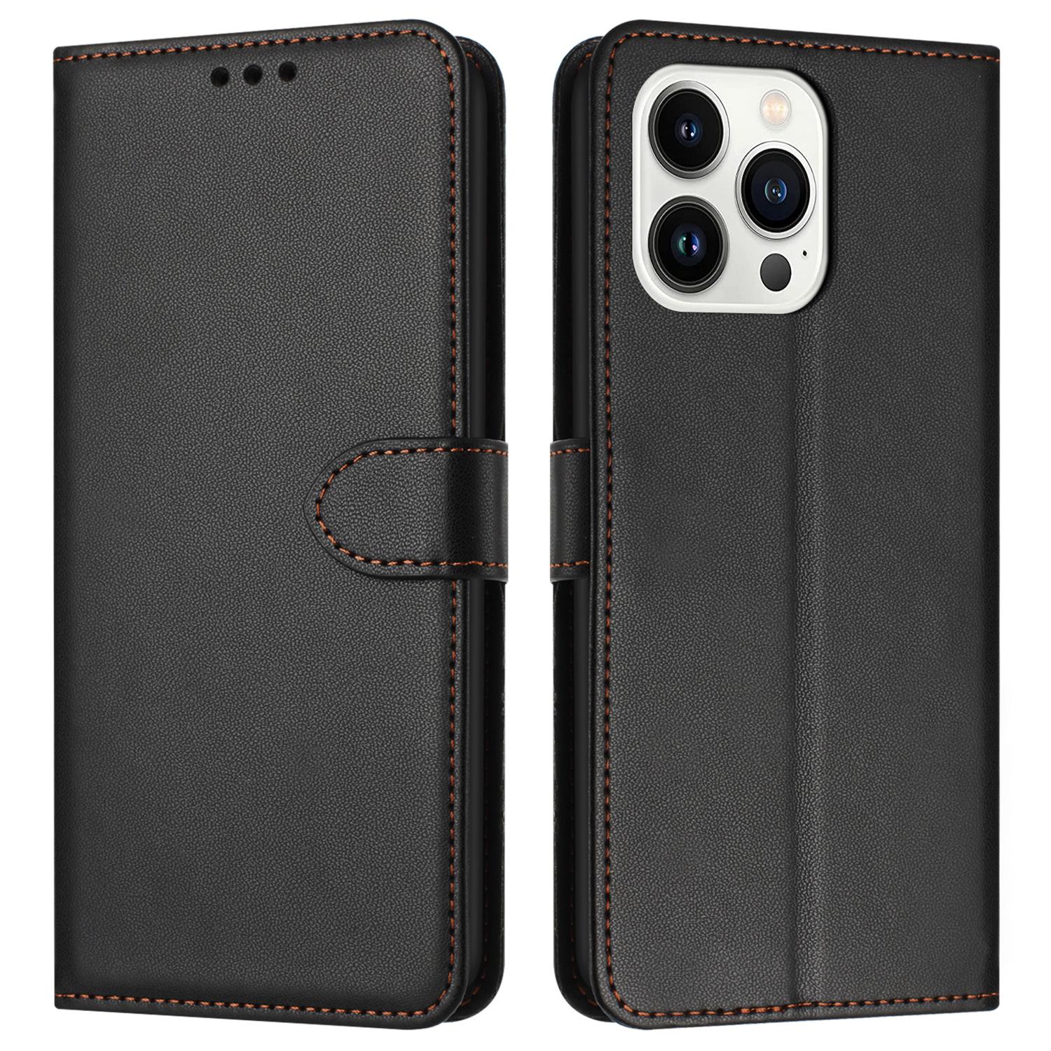 

For iPhone 16 Pro Max Wallet Phone Case Leather Stand Cover with Strap Black