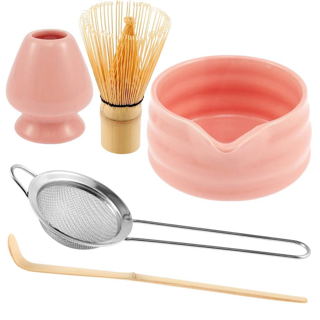 סט מטרפות מאצ'ה קערת מאצ'ה קרמית עם פתח מזיגה מטרפת במבוק למאצ'ה מסננת נירוסטה מחזיק מטרפה קרמי כף במבוק