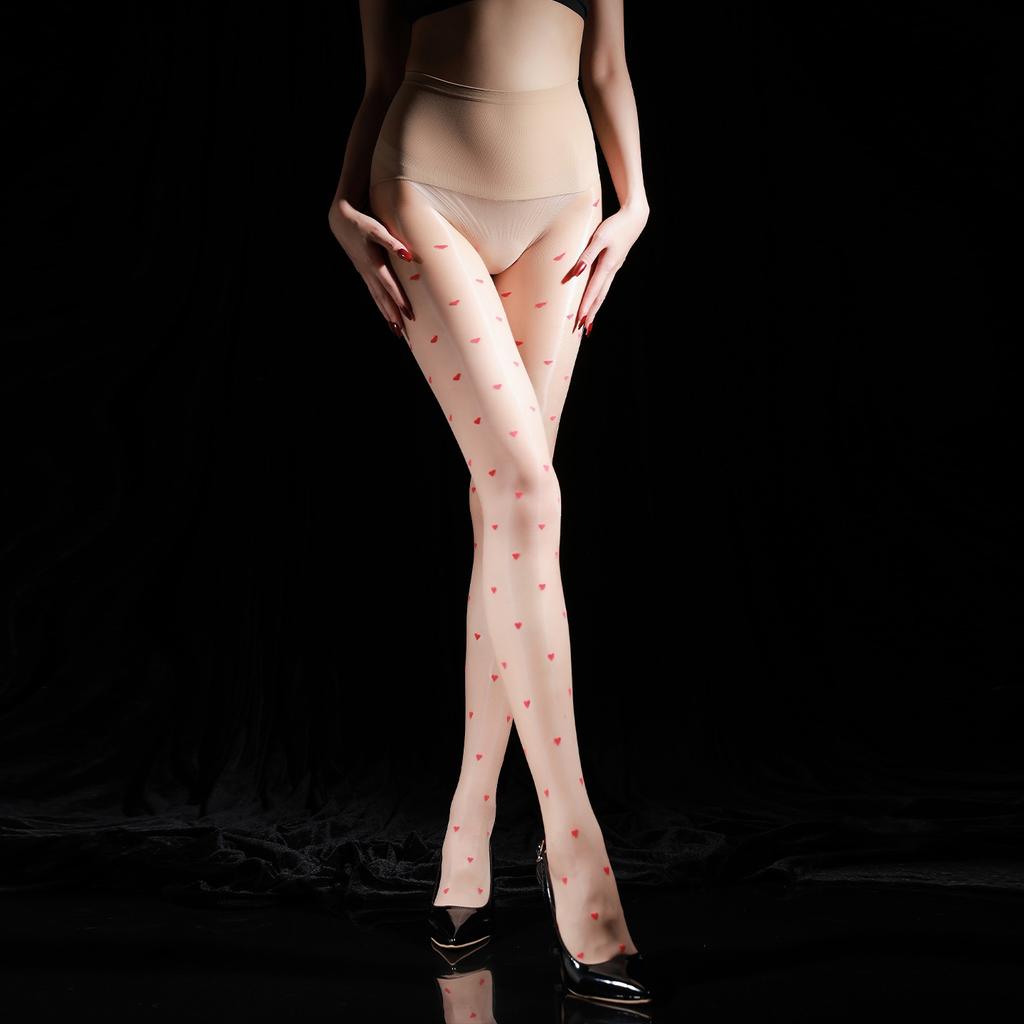 Men'S Oily Shiny Pantyhose Heart Print Seamless Sheer Tights 8D High Elastic Glossy Stockings Sissy Crossdresser Lingerie Socks
