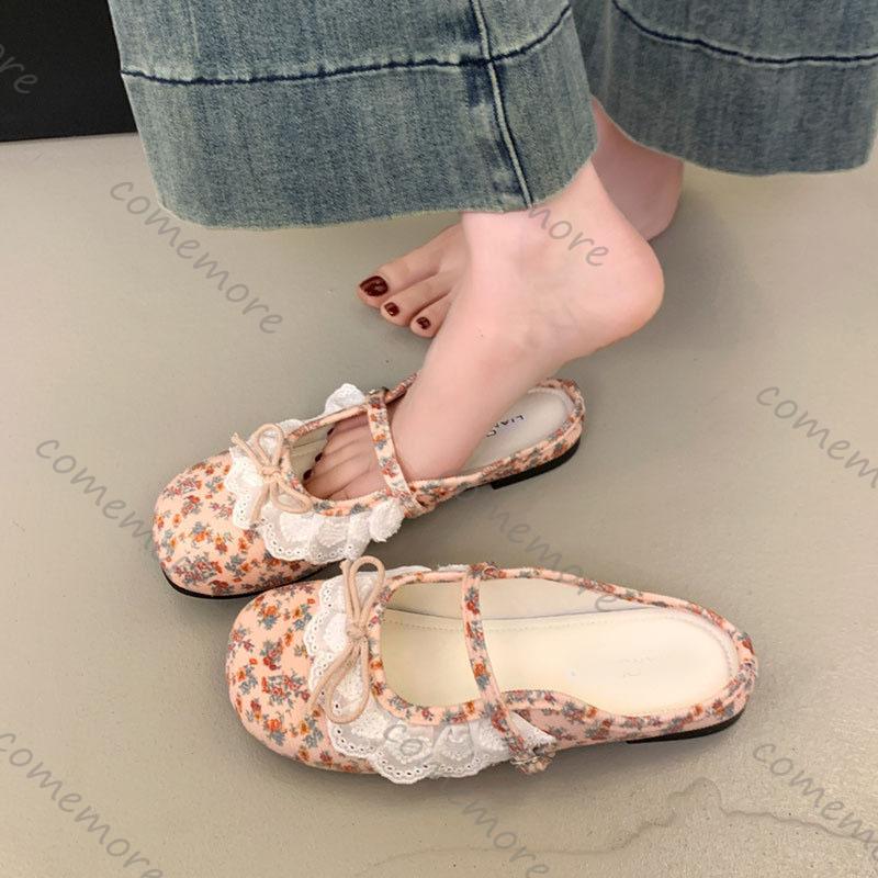 Fashion Comemore Summer New Women's Mary Jane Shoes Square Toe Flat Buckle Suede Lace Bowknot Gentle Sweet Mules Baotou Half Slippers