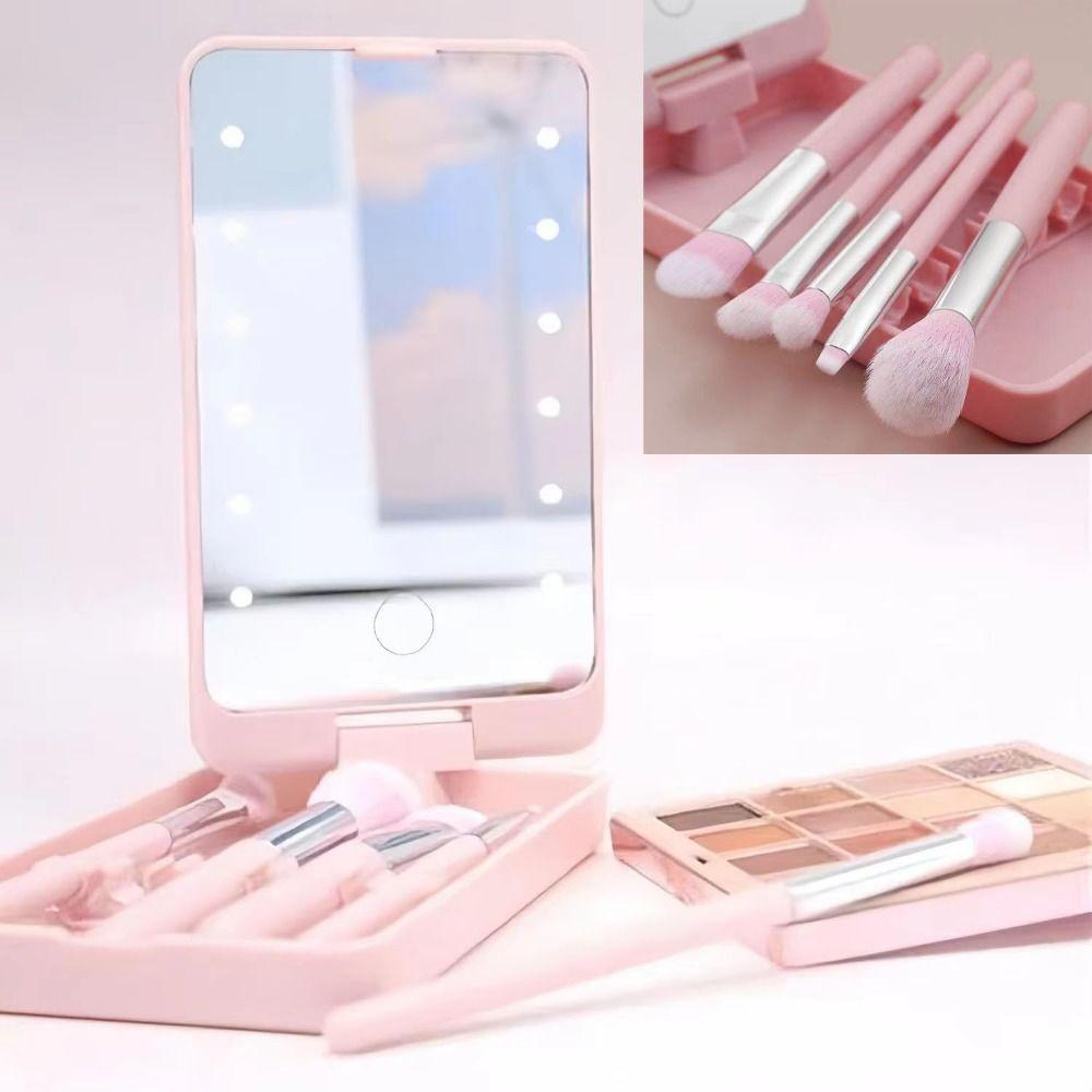 Adjustable Brightness LED Makeup Mirror Brush Set Mini Cosmetic Brushes Pocket Mirror  Travel Use