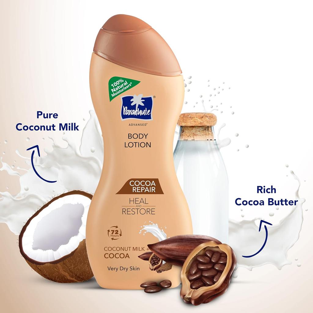 Parachute Advansed Cocoa Repair Body Lotion For Very Dry Skin 250ml Intense Moisture 72H Hydration Fast Absorbing Non Sticky Glow Care