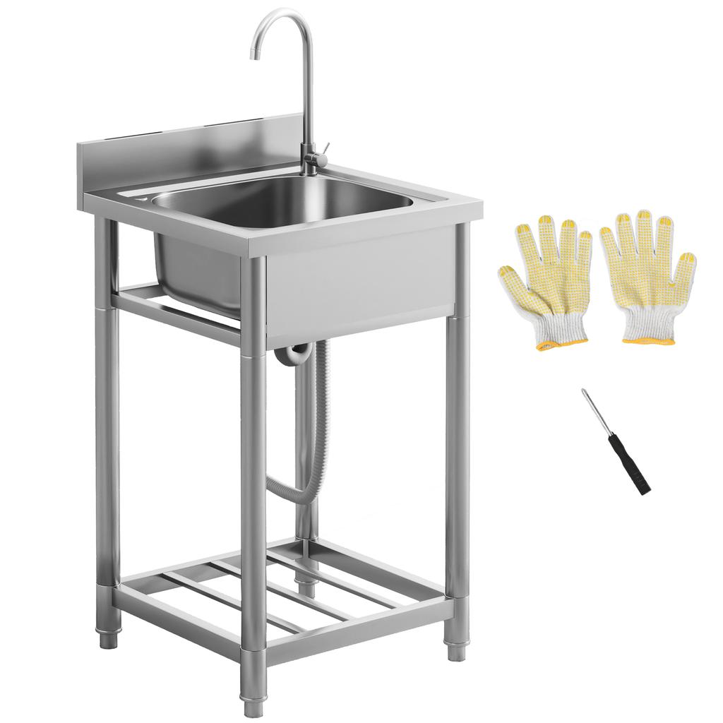 Outdoor Utility Sink, Stainless Steel Free Standing Single Bowl Kitchen Sink with Cold and Hot Water Pipe and Storage Shelf for Laundry Garage