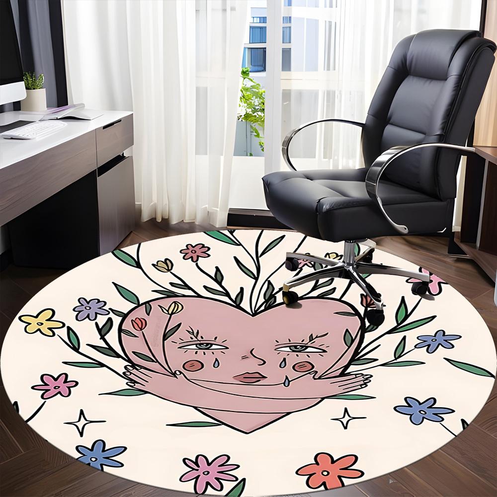 1pc Heart Flowers Office Round Area Rug, Mat Suitable For Office, Under Office Chairs Bedroom Living Room Home Decor, Room Deco