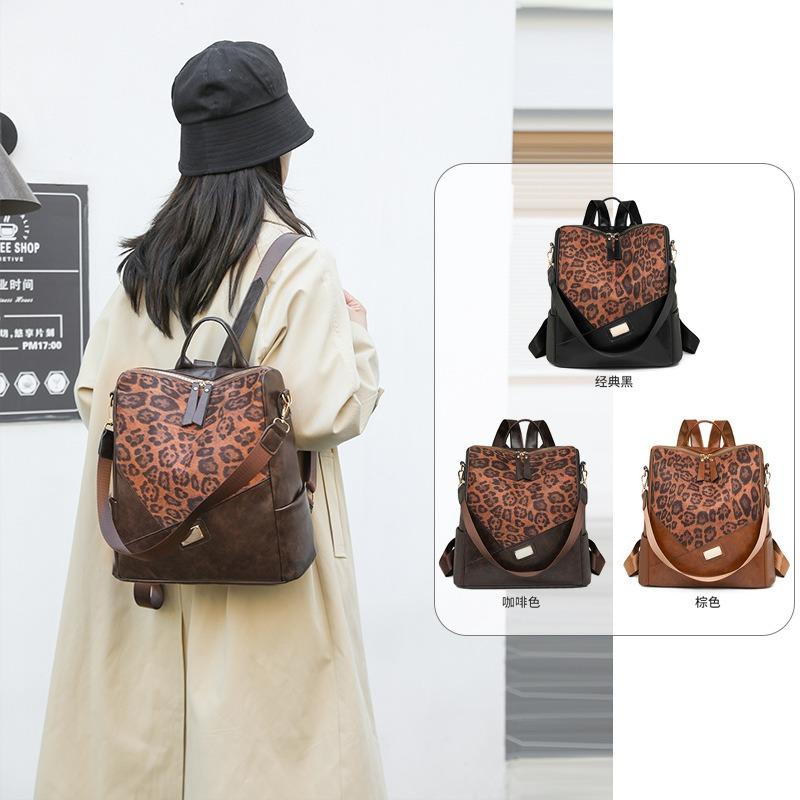 Retro fashion new leopard print backpack women's shoulder bag simple large capacity multi-functional three-purpose backpack
