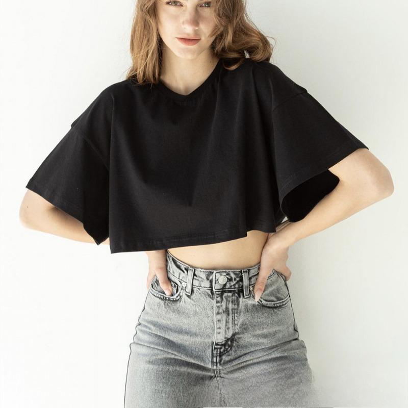 Women's New Spring and Summer Solid Colour Short T-shirt Cotton Short-sleeved Tops Spice Girls Style