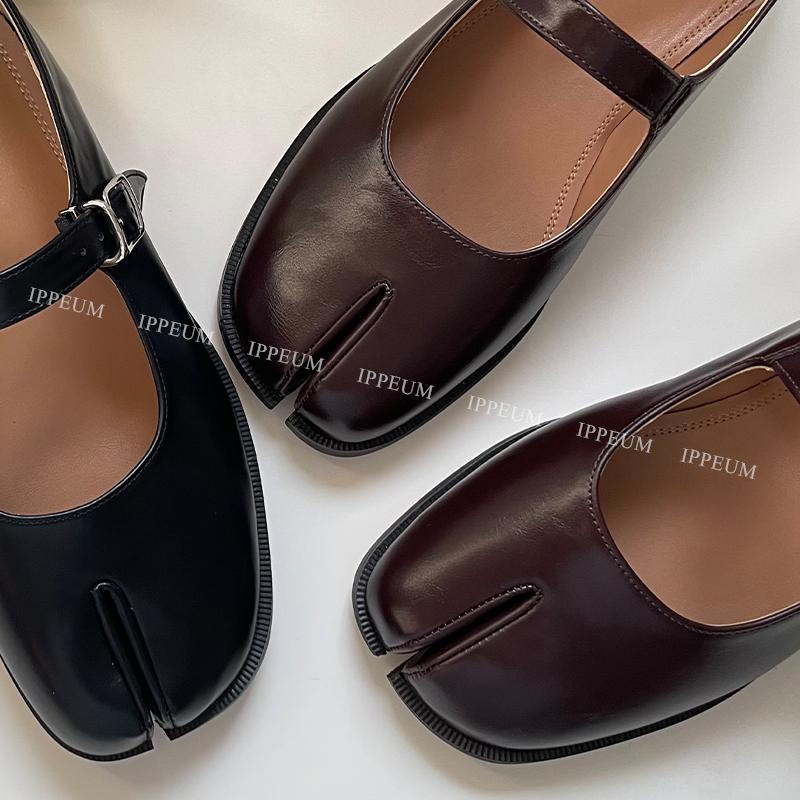IPPEUM Tabi Mary Janes Shoes Women Buckle Plus Size 35-44 Burgundy Black pu Leather Split Toe Flats Tabis Loafers