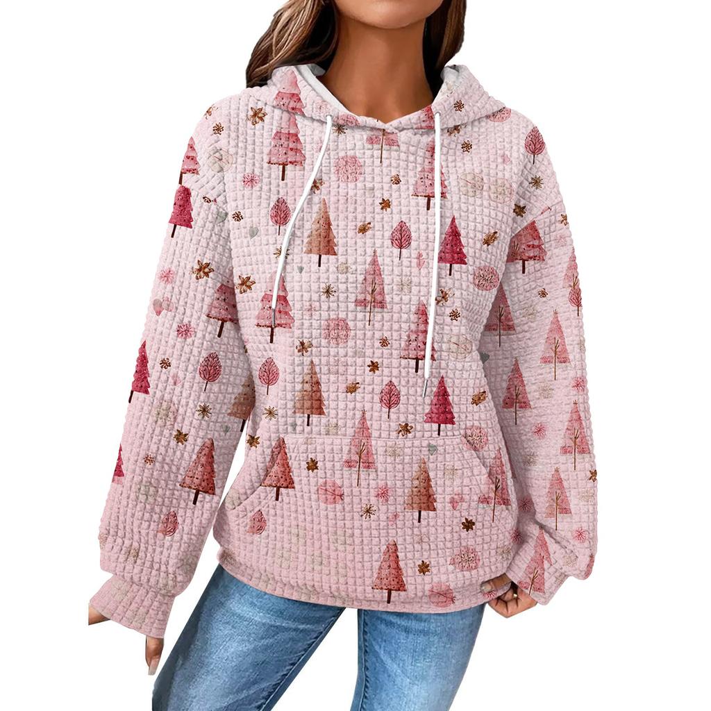 Dammode Lös Pullover med Huva Långärmad Rutig Sweatshirt med Dragsko, Nedhasad Axel, Ficka, Jultryck Topp