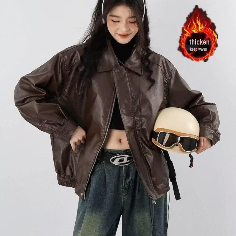 

2023 Женская куртка в стиле ретро из коричневой кожи в гонконгском стиле - Осенняя, вдохновленная мотоциклетной XL коричневый