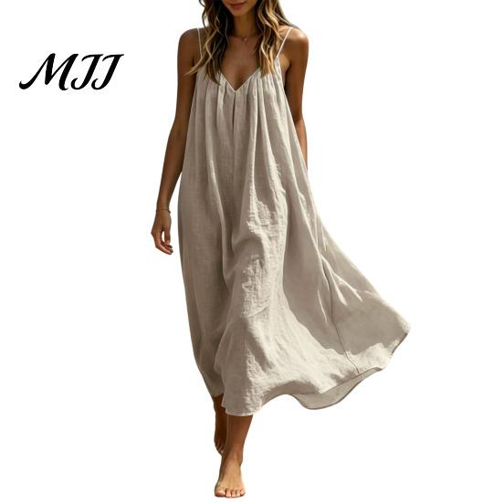 Breathable Summer Dress Women's Spaghetti Strap Beach Sundress, Sleeveless V Soft Fabric Neck Cami Dress, Loose Flowy Vacation Long Slim Fit