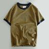 Schwergewicht Rinderwaren ~ Amerikanisches Retro-Streifen Rundhals Kurzarm T-Shirt Amekaji Middybluse Marineblau-Gestreiftes Hemd Modemarke Oberteil
