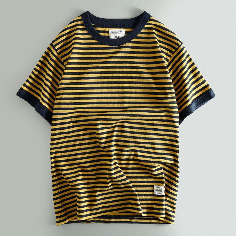 Schwergewicht Rinderwaren ~ Amerikanisches Retro-Streifen Rundhals Kurzarm T-Shirt Amekaji Middybluse Marineblau-Gestreiftes Hemd Modemarke Oberteil