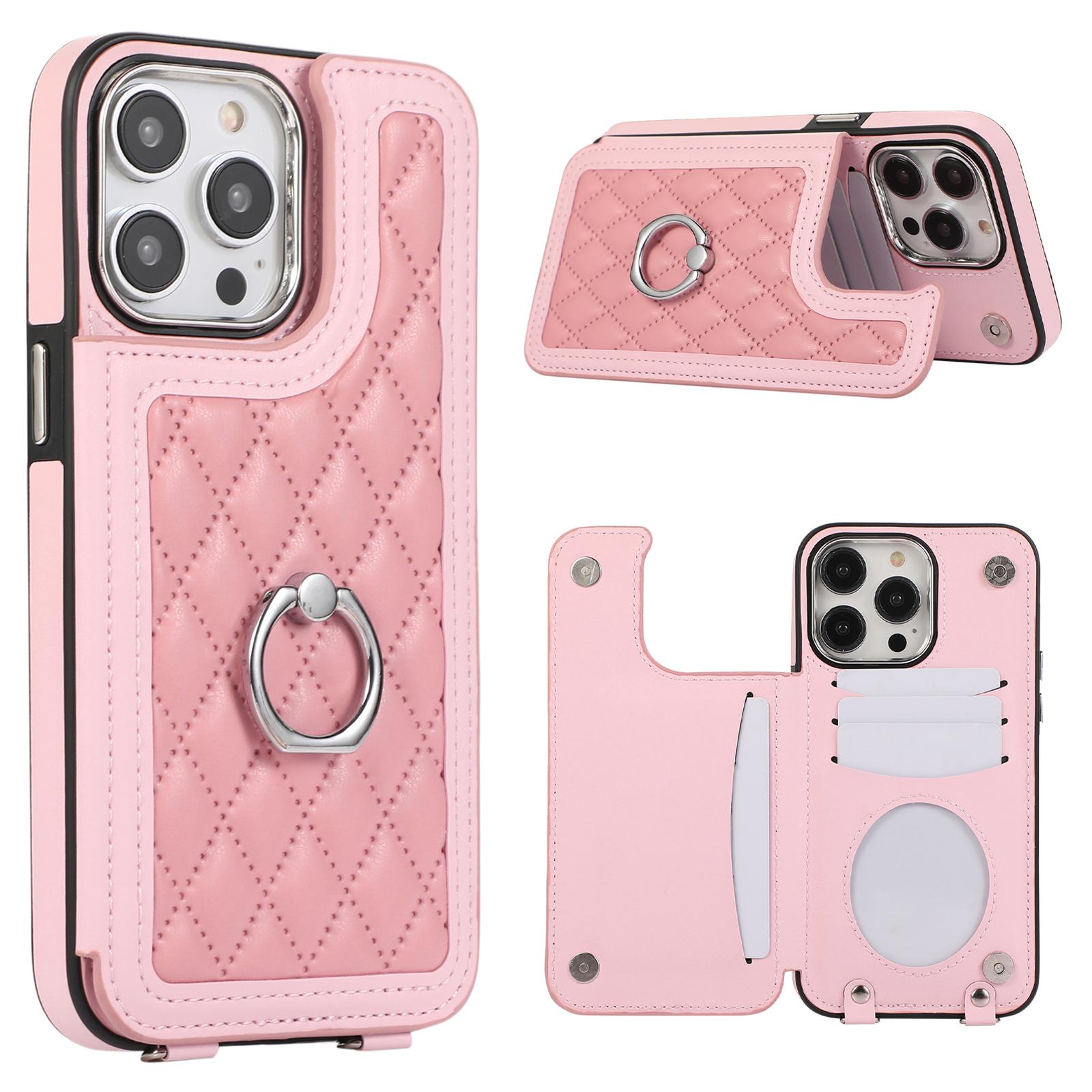 

For iPhone 16 Pro Case Anti-Drop TPU+PU Leather Phone Cover with Ring Kickstand and Shoulder Strap Pink