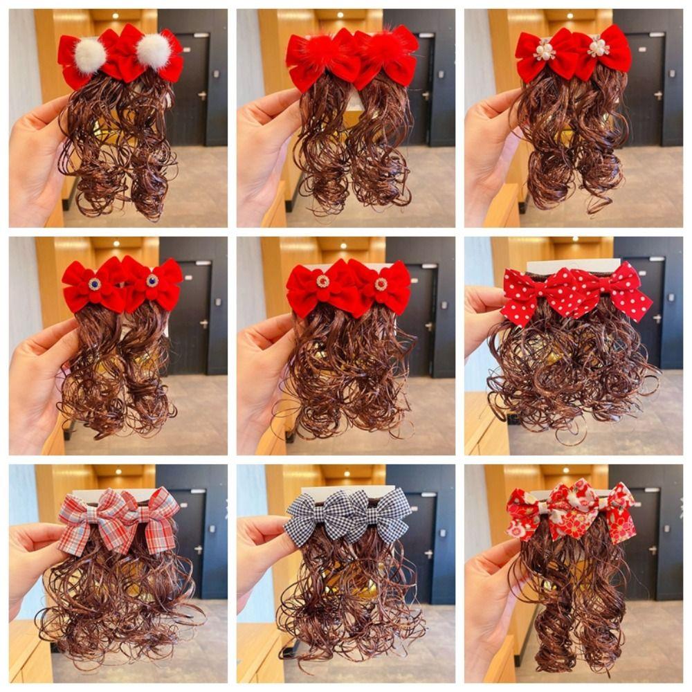 2pcs Chinese Style Baby Wig Hairpin Cute Red Bowknot Hairclip Children's Bow Wig  New Year Festive