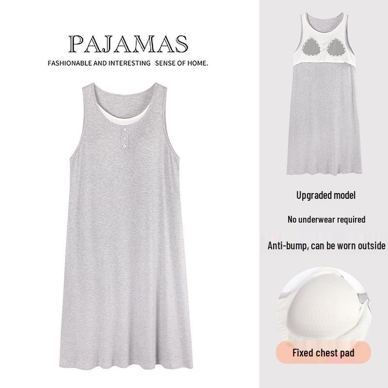 Women's Ice Silk Camisole Nightgown with Chest Pads - Cool, Simple Style Tank Top Home Dress