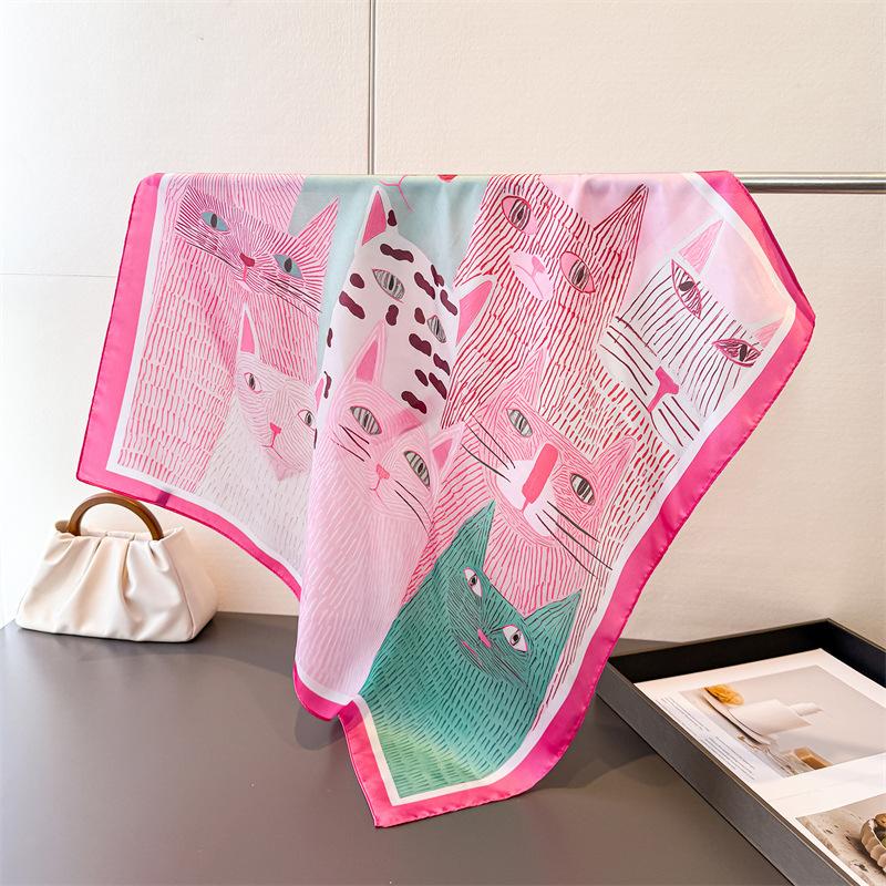 Luxury Cat Print Cute Style Square Scarves Women Silk Scarf Floral Bandana Small Neckties Hairbands Foulard Shawl
