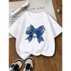 European Sizes Blue Bow Print Pattern Girls' Summer Short-Sleeved T-Shirt, Soft, Elastic And Comfortable Crew Neck Short-Sleeved T-Shirt