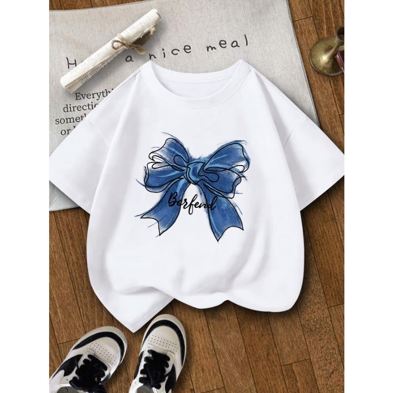European sizes Blue Bow Print Pattern Girls  Summer Short-Sleeved T-Shirt, Soft, Elastic And Comfortable Crew Neck Short-Sleeved T-Shirt 110 белый
